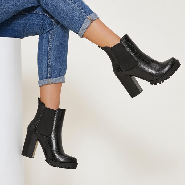 

Faux Croc Patent Leather Platform Chelsea Boots, Black