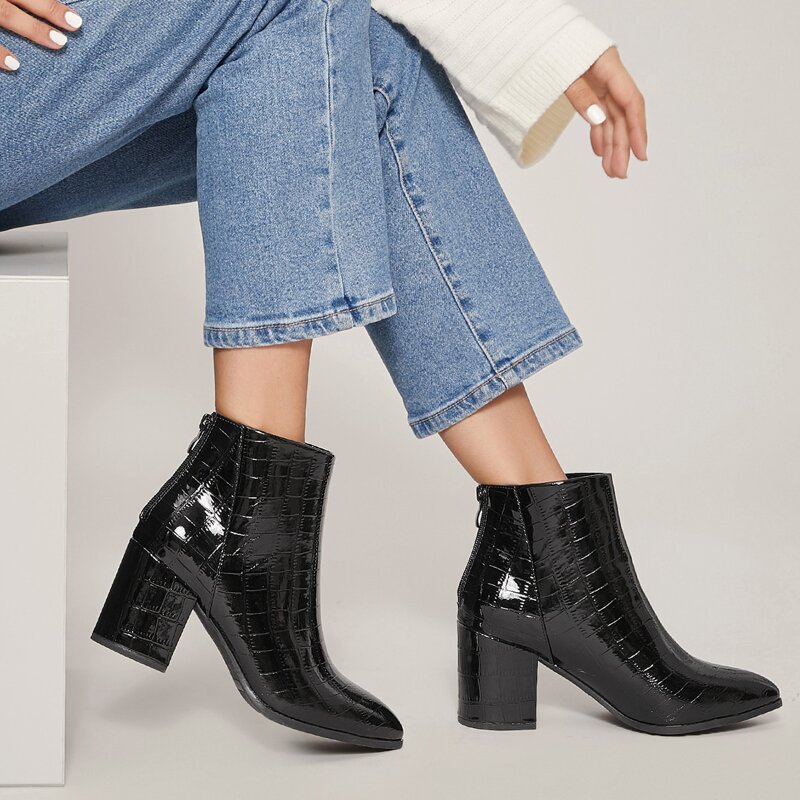 

Faux Croc Leather Block Heel Booties, Black