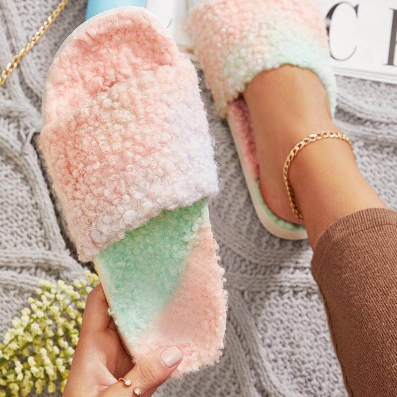 

Multicolored Fuzzy Faux Fur Slippers, Multicolor