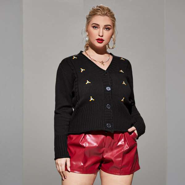 

Plus Floral Embroidery Button Front Cardigan, Black