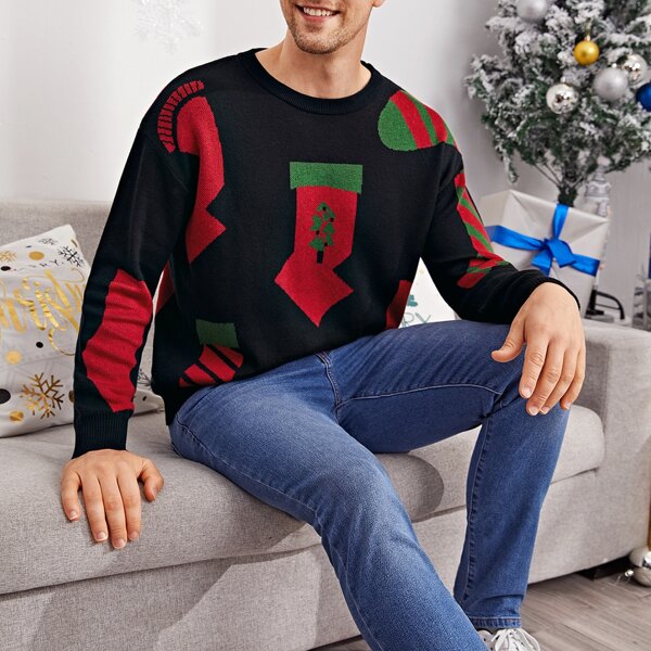 

Men Drop Shoulder Christmas Pattern Sweater, Black