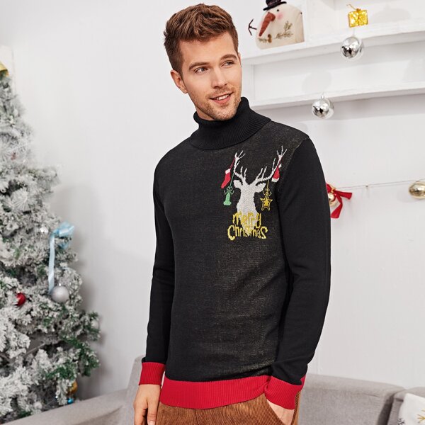 

Men High Neck Colorblock Hem Christmas Pattern Sweater, Black