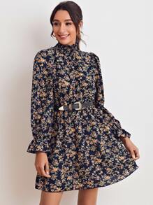 SHEIN Privé Hoa Lộn xộn Nếp uốn Cái cổ tay áo lá sen Đầm Không có thắt lưng Trang phục làm việc - Nhiều màu - Xem 5