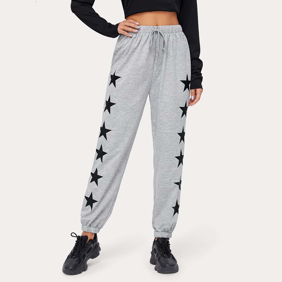 

Star Pattern Drawstring Joggers, Grey