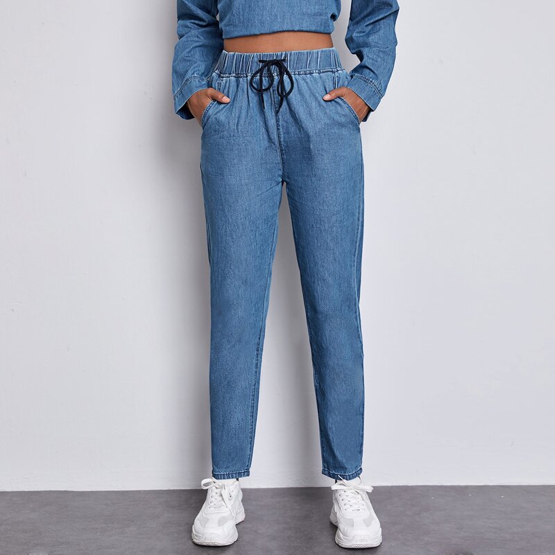 

Drawstring Waist Pocket Side Mom Jeans, Medium wash