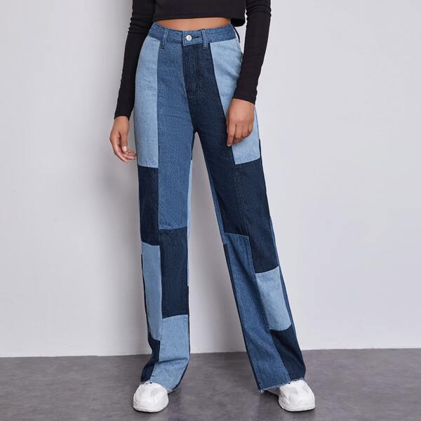 

High Waist Spliced Raw Hem Wide Leg Jeans, Multicolor