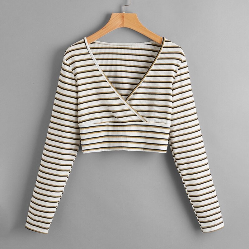 

Striped Wrap Ribbed Crop Tee, Multicolor