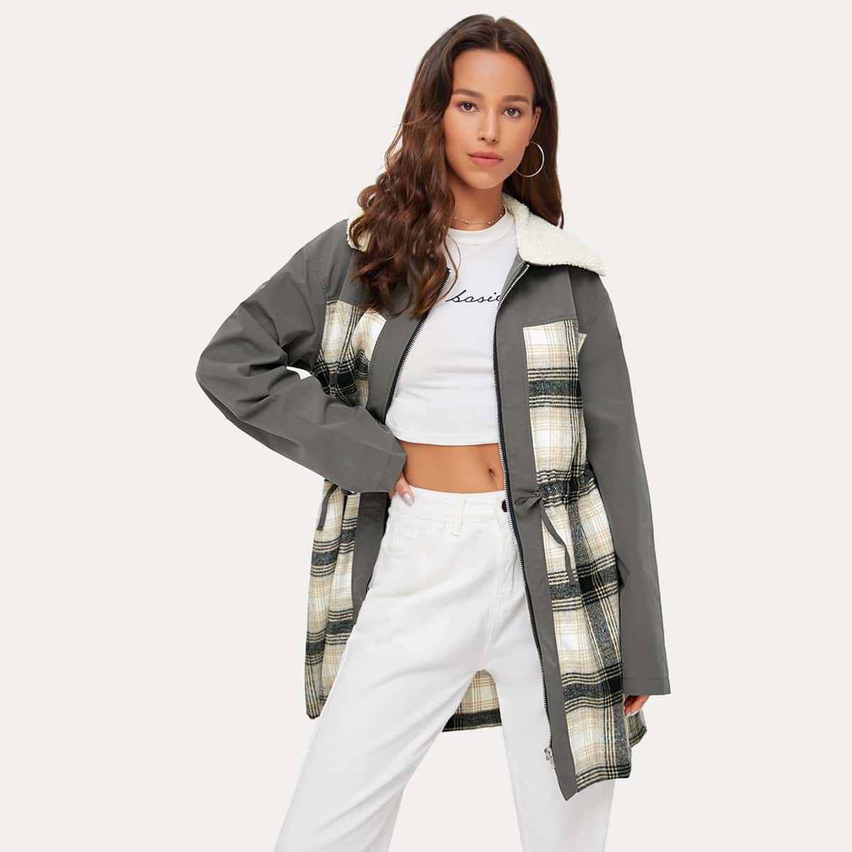 

Drawstring Waist Plaid Longline Coat, Grey