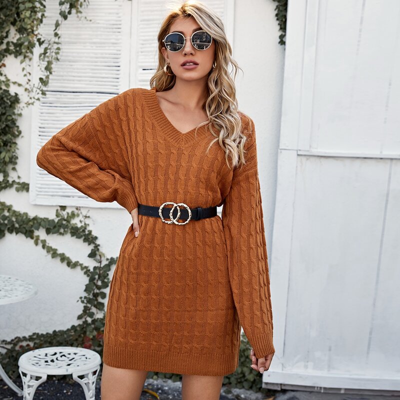 

Drop Shoulder Cable Knit Sweater Dress Without Belt, Ginger