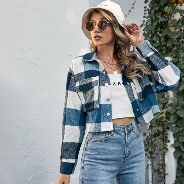 

Drop Shoulder Flap Pocket Buffalo Plaid Jacket, Blue and white