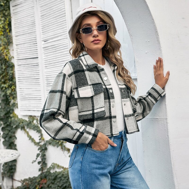 

Drop Shoulder Flap Pocket Button Placket Plaid Jacket, Multicolor