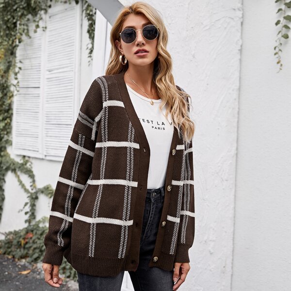 

Drop Shoulder Button Front Plaid Cardigan, Chocolate brown