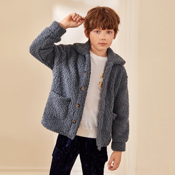 

Boys Patch Pocket Button Placket Teddy Jacket, Dark grey