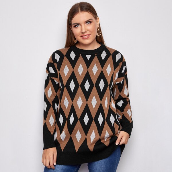 

Plus Drop Shoulder Argyle Pattern Sweater, Multicolor