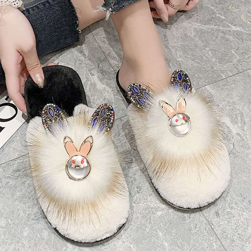 

Rhinestone Rabbit Ear Fluffy Slippers, Beige