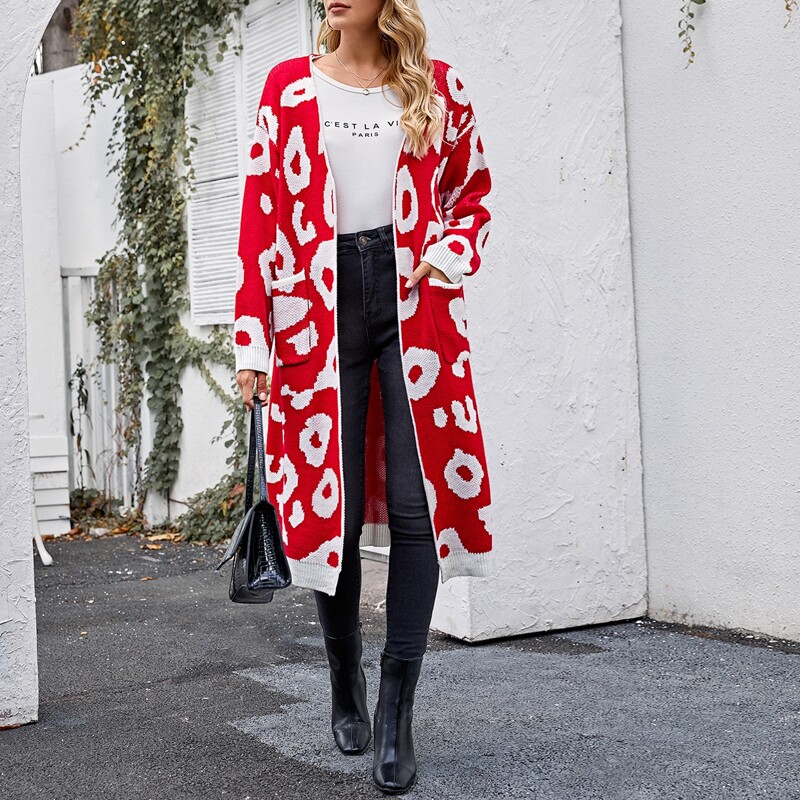 

Patch Pocket Leopard Cardigan, Red and white