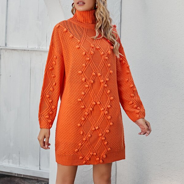 

Funnel Neck Popcorn Knit Sweater Dress, Orange