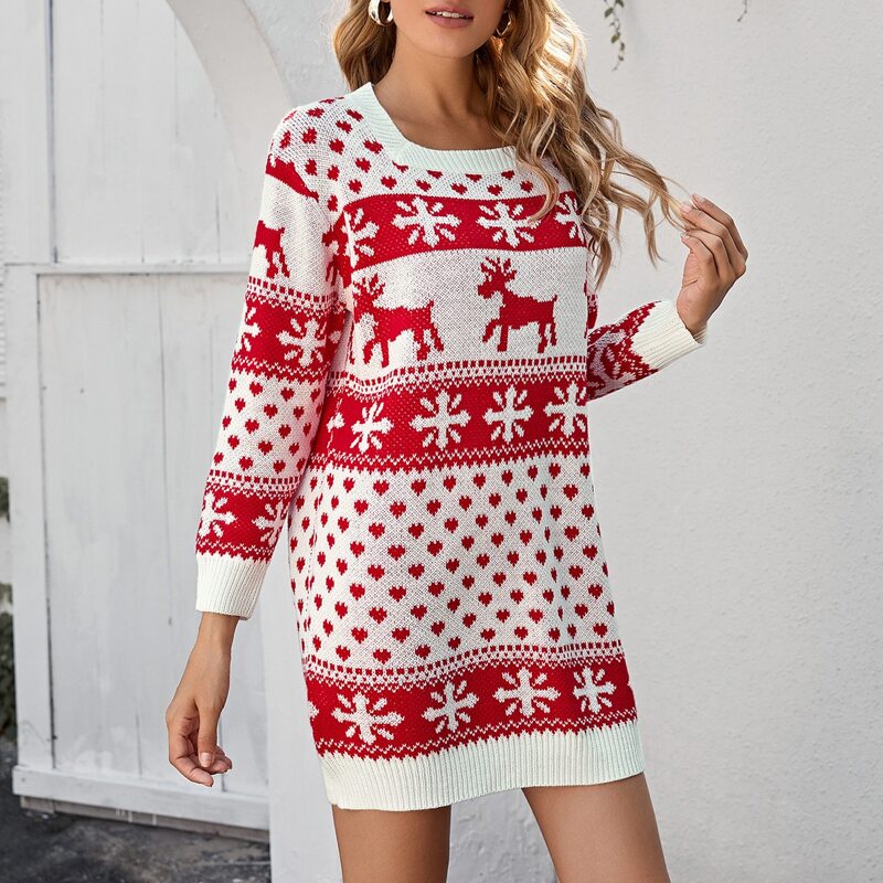 

Square Neck Christmas Pattern Sweater Dress, Red and white