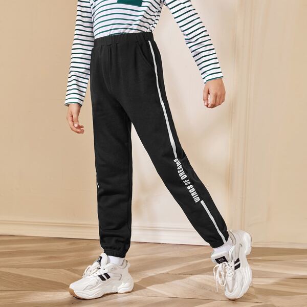 

Boys Elastic Waist Letter Graphic Striped Side Joggers, Black
