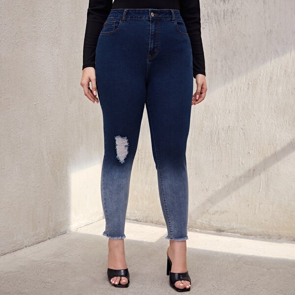 

Plus Raw Hem Ripped Ombre Skinny Jeans, Dark wash
