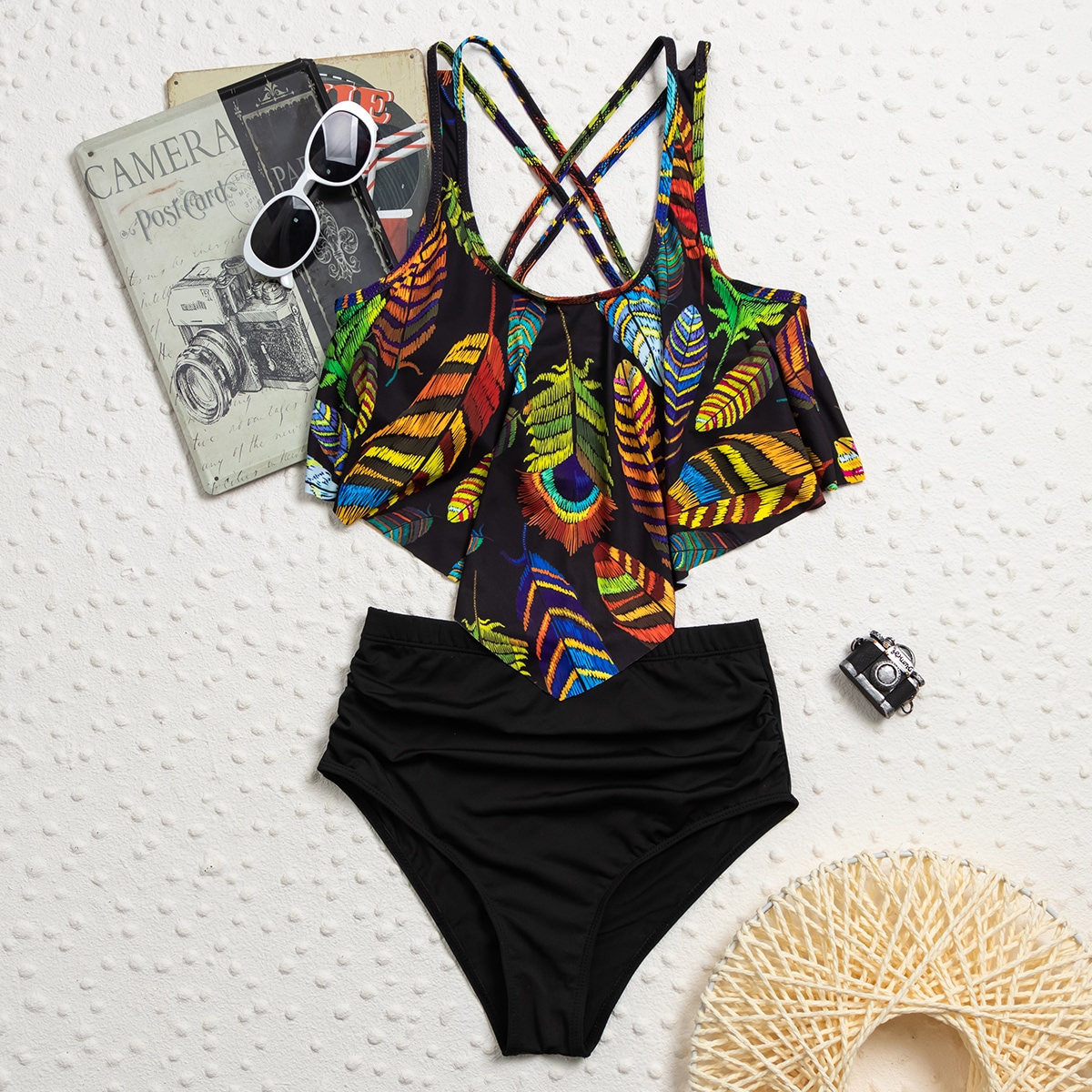 Image of Feather Print Hanky Hem Ruched Bikini Swimsuit