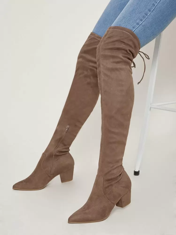 Pointed Toe Stretch Suedette Block Heel Thigh Boots Mother's Day Present