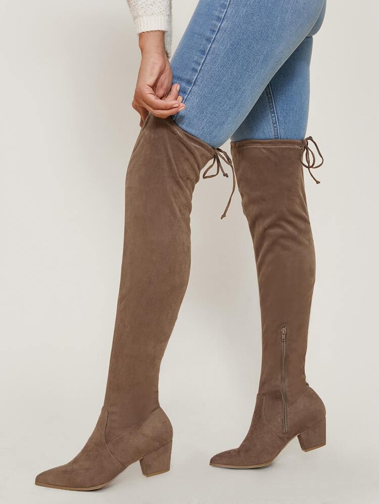 Pointed Toe Stretch Suedette Block Heel Thigh Boots Mother's Day Present