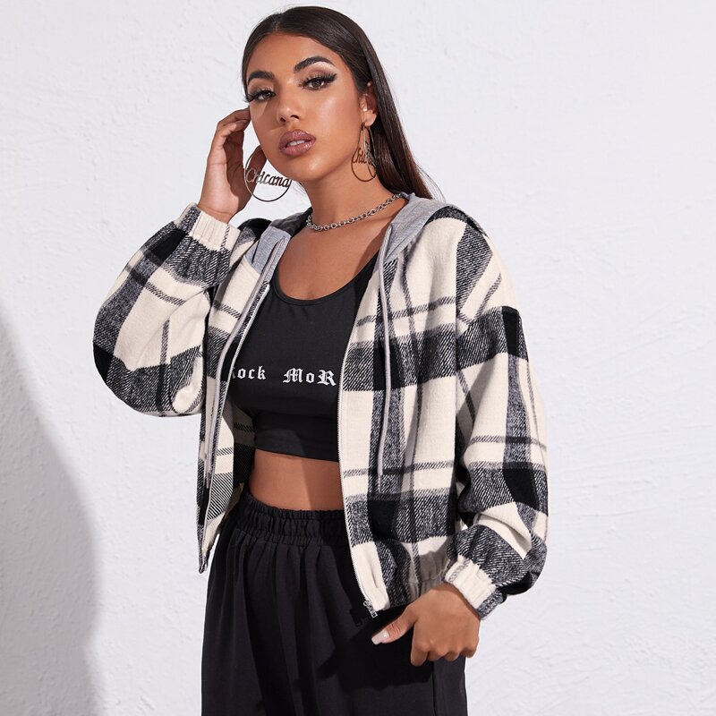 

Drop Shoulder Contrast Drawstring Hooded Plaid Jacket, Multicolor