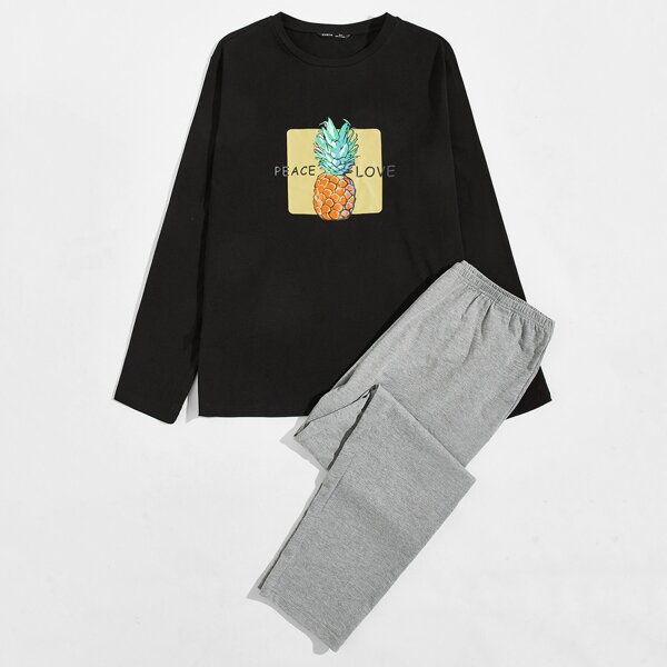 

Men Pineapple and Letter Print Top & Pants PJ Set, Multicolor