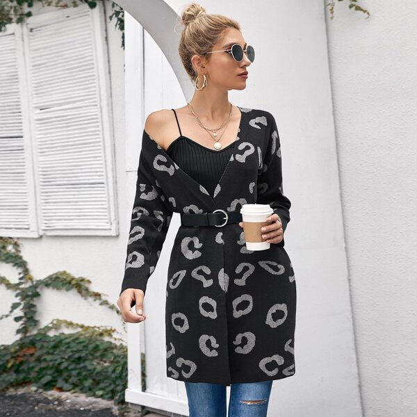 

Drop Shoulder Leopard Cardigan Without Belt, Black