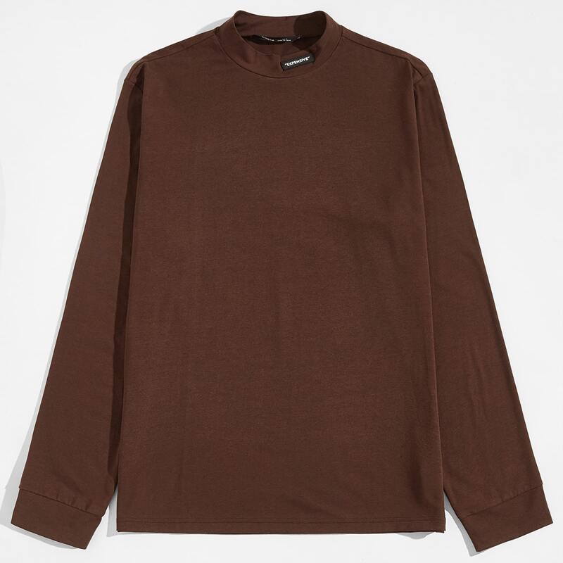 

Men Stand Collar Patched Detail Tee, Chocolate brown