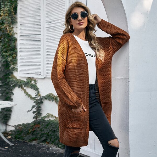 

Drop Shoulder Patch Pocket Cardigan, Coffee brown