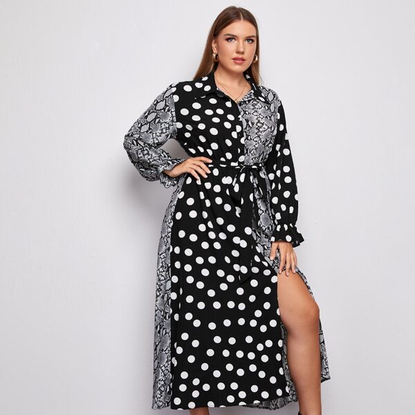 

Plus Snakeskin And Polka Dot Split Belted Dress, Multicolor
