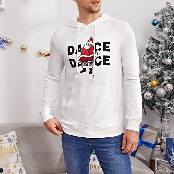 

Men Christmas Print Drawstring Hoodie, White