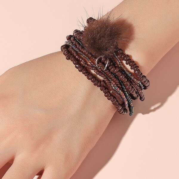 

7pcs Beaded Bracelet, Coffee brown