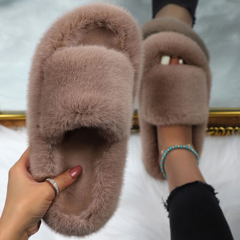 

Faux Fur Wide Fit Slippers, Coffee brown