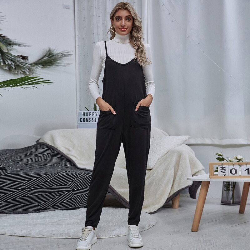 

Dual Pockets Solid Cami Jumpsuit Without Top, Black