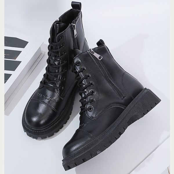 

Letter Embossed Side Zip Combat Boots, Black