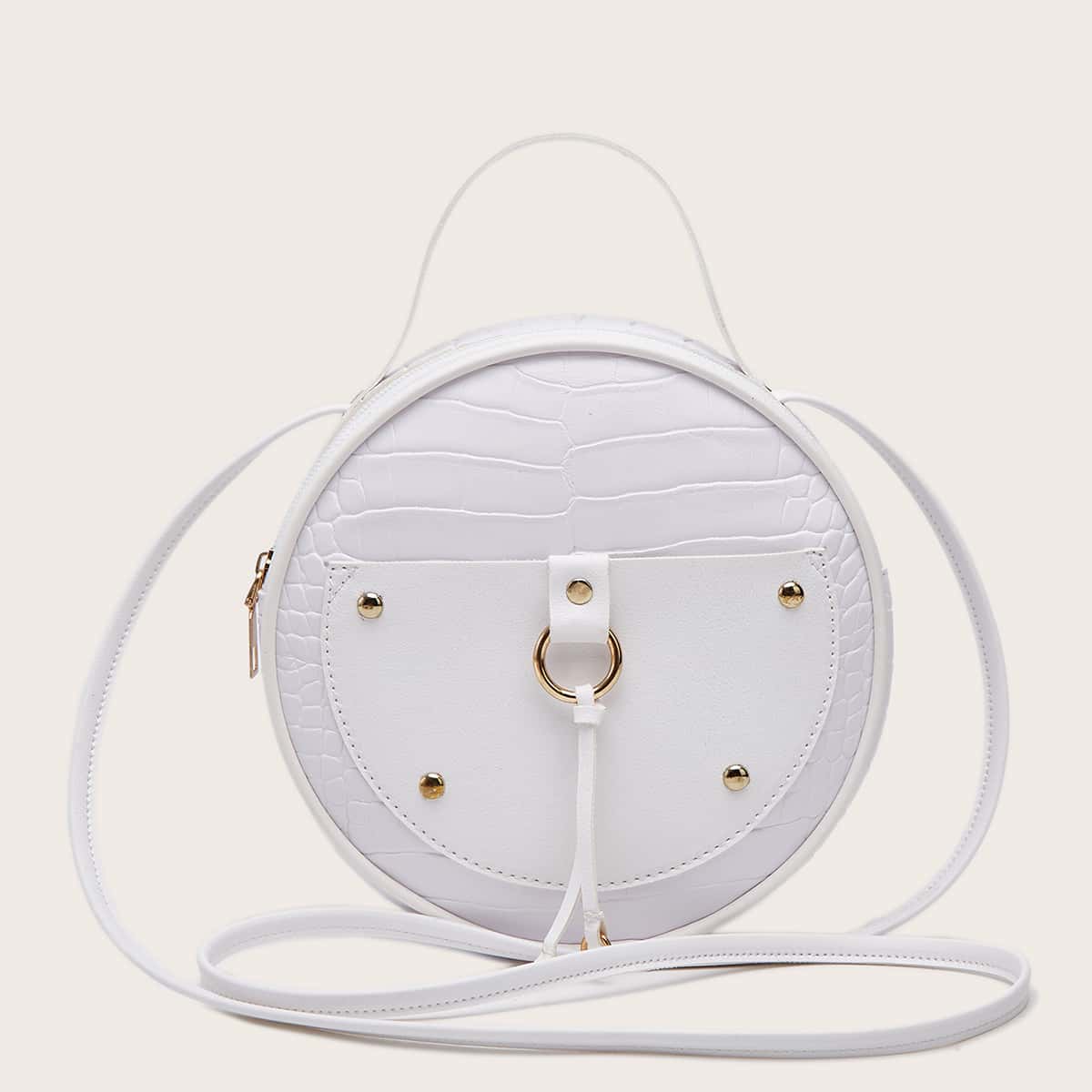 

Studded Decor Croc Embossed Box Bag, White