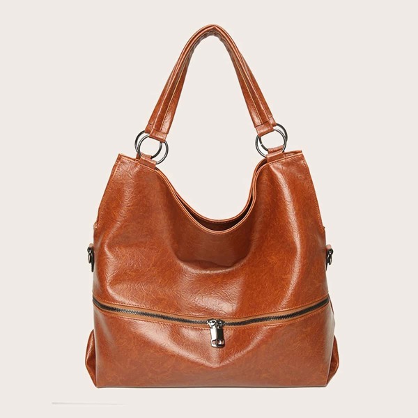 

Double Zipper Large Capacity Tote Bag, Brown