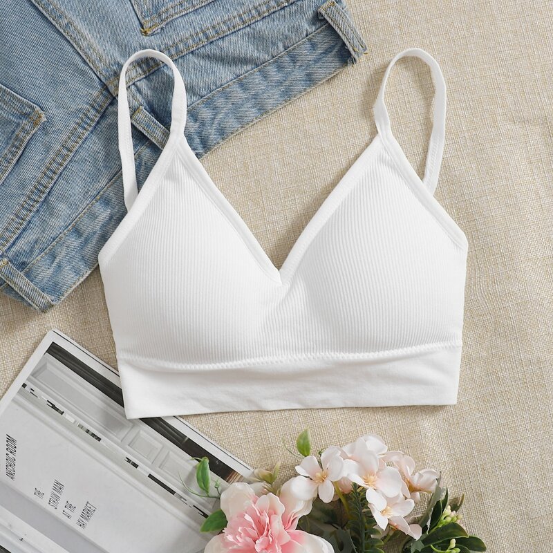 

Solid Ribbed Bra, White