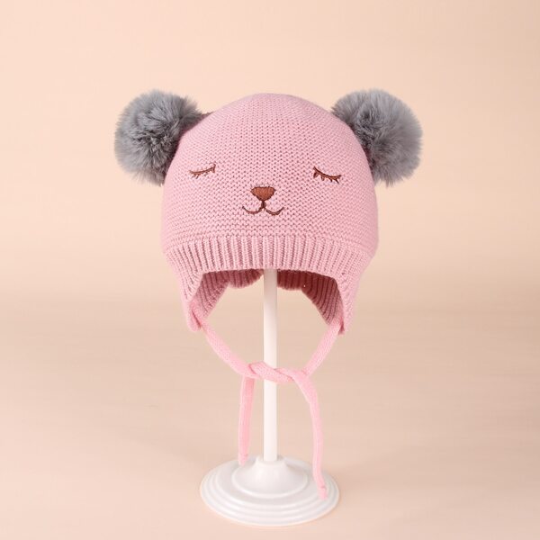 

Baby Pom Pom Decor Cartoon Embroidered Hat, Pink