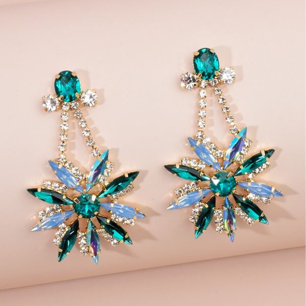 

Rhinestone Flower Earrings, Green