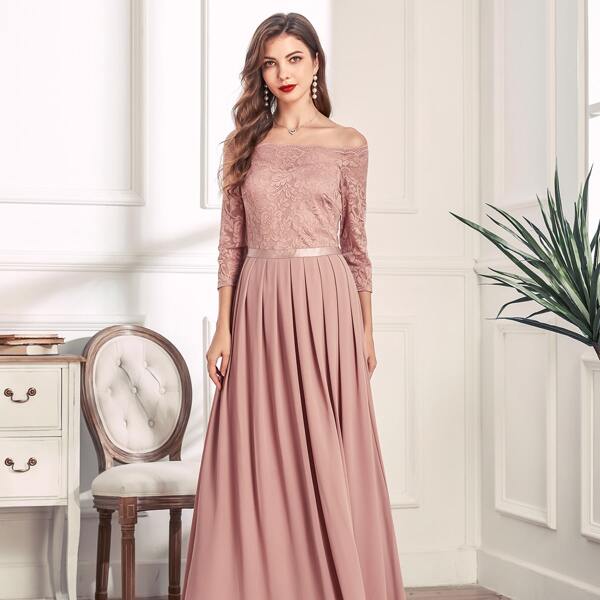 

Off Shoulder Lace Bodice Pleated Hem Prom Dress, Baby pink