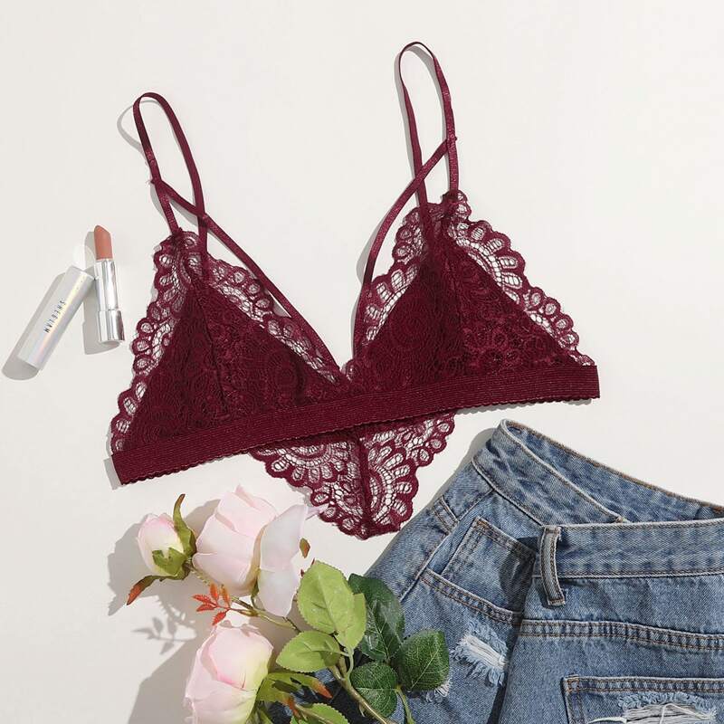 

Solid Lace Triangle Bra, Burgundy