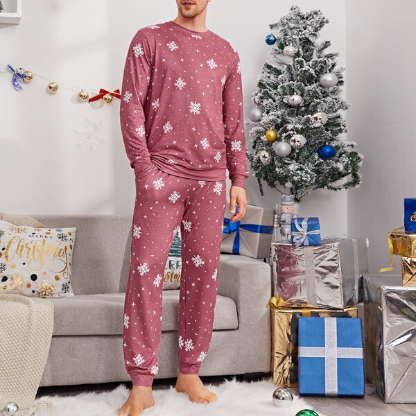 

Men Snowflake Print Top & Pants PJ Set, Dusty pink