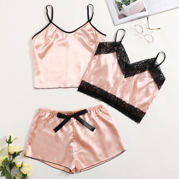 

3 Pack Satin Contrast Lace Night Set, Dusty pink