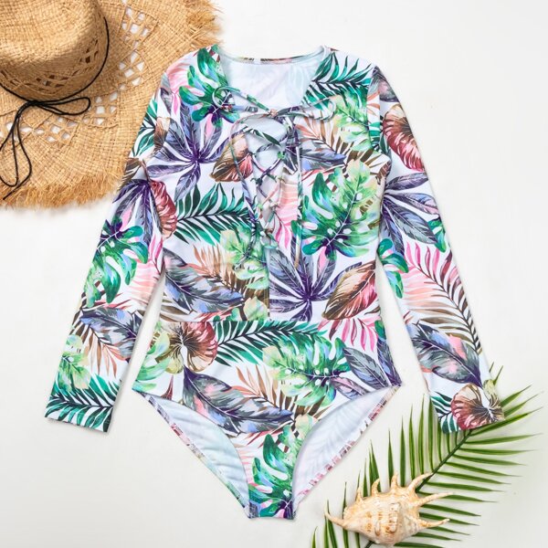 

Tropical Lace-up Front One Piece Swimsuit, Multicolor