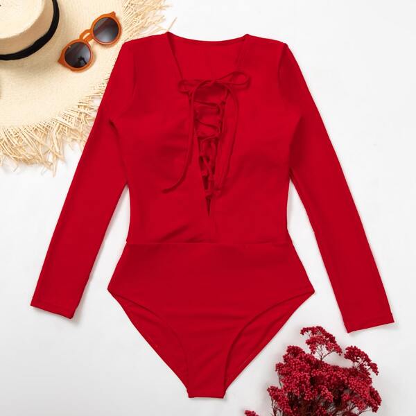 

Lace-up Front Plunging One Piece Swimsuit, Red