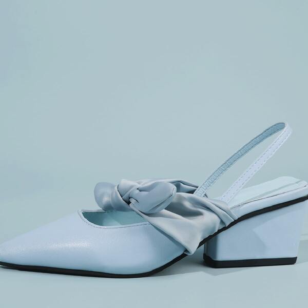 

Point Toe Bow Decor Mid Heeled Slingback Pumps, Baby blue